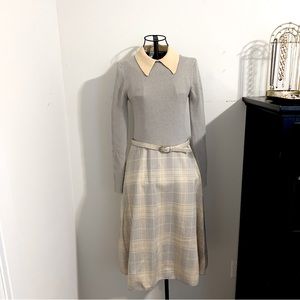 Vintage Collared Sweater Dress with Belted Wool Skirt